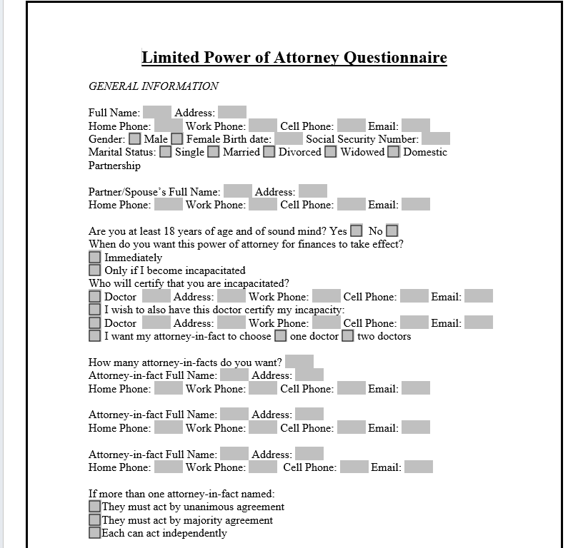Bảng câu hỏi ủy quyền hạn chế - Limited Power of Attorney Questionnaire