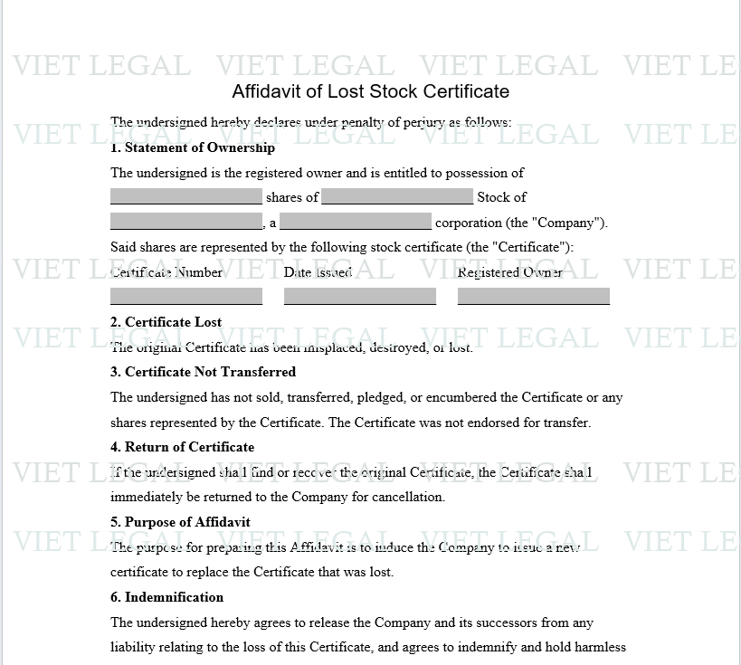 Affidavit of Lost Stock Certificate - Bản khai có giấy chứng nhận cổ phiếu bị mất