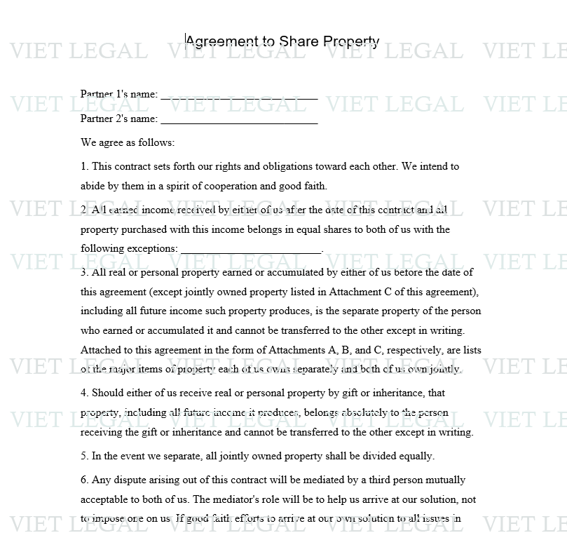 Agreement to Share Property -  Thỏa thuận chia sẻ tài sản