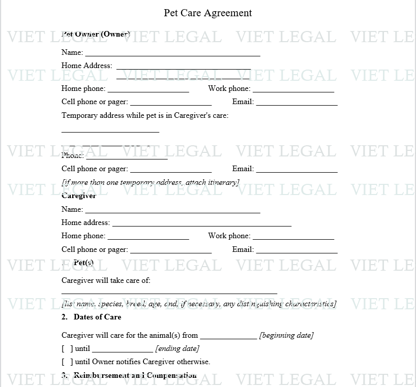 Pet Care Agreement - Thỏa thuận chăm sóc thú cưng