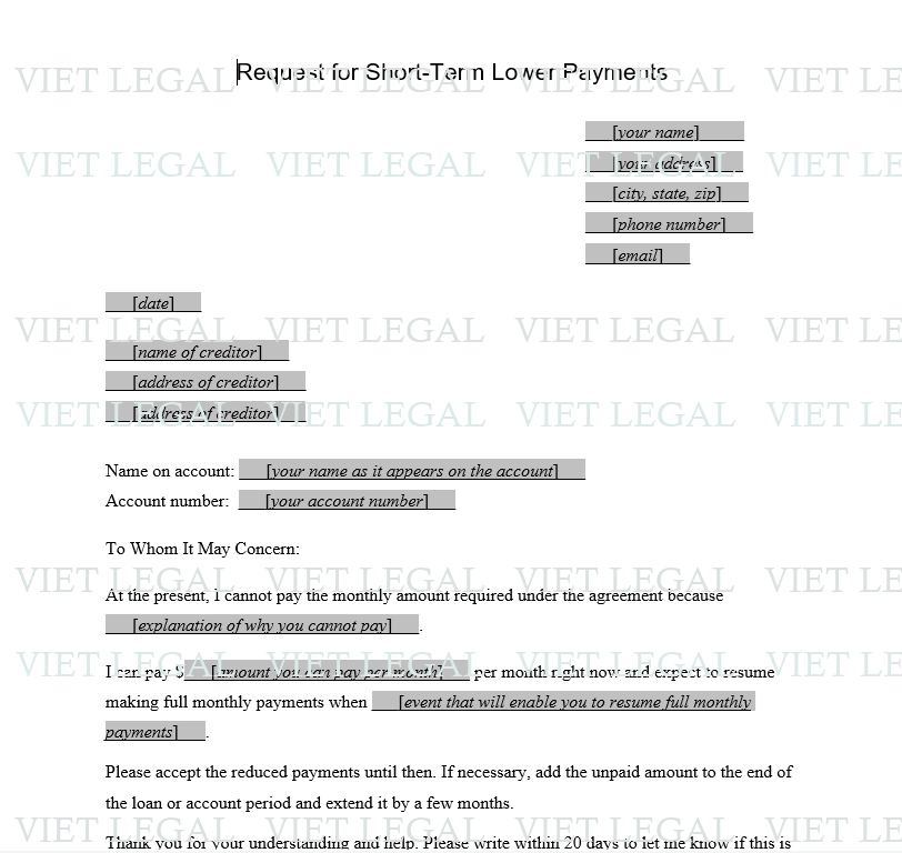 Request Short-Term Lower Payments - Thư yêu cầu thanh toán thấp hơn qui định