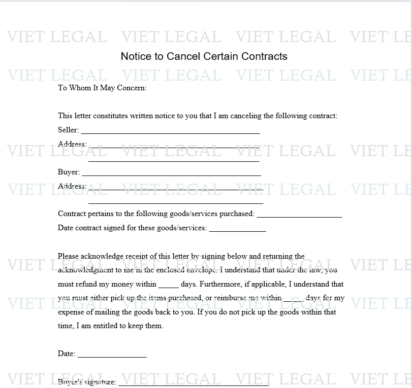 Notice to Cancel Certain Contracts - Thông báo để hủy một số hợp đồng nhất định
