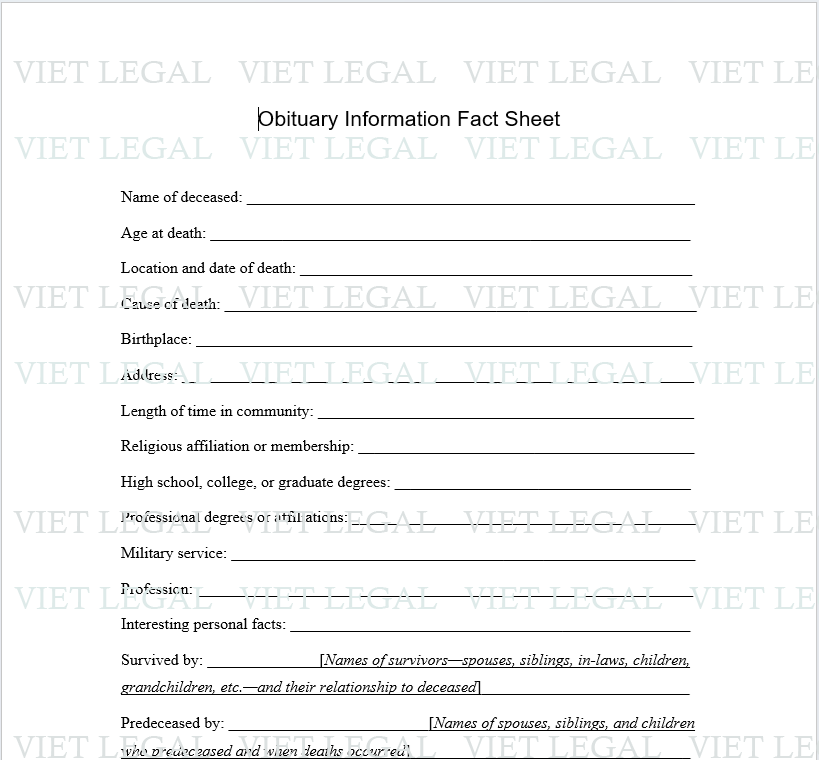 Obituary Information Fact Sheet - Bảng thông tin cáo phó