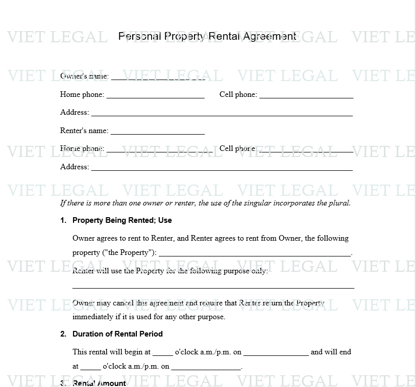 Personal Property Rental Agreement - Thỏa thuận cho thuê tài sản cá nhân