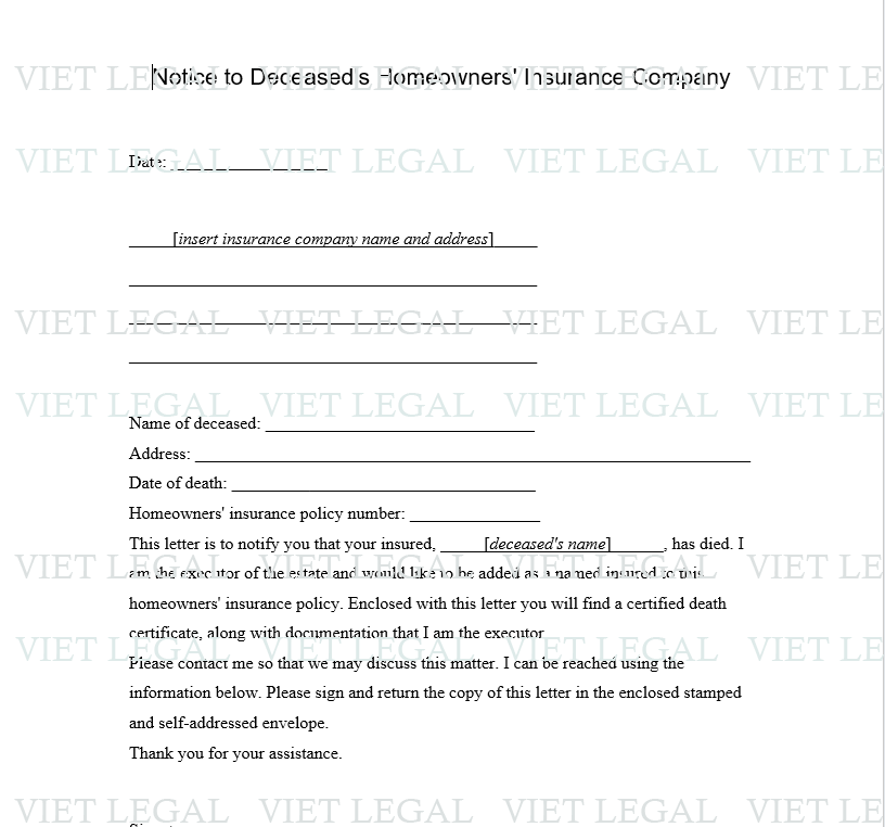 Notice to Deceased's Homeowner's Insurance Company