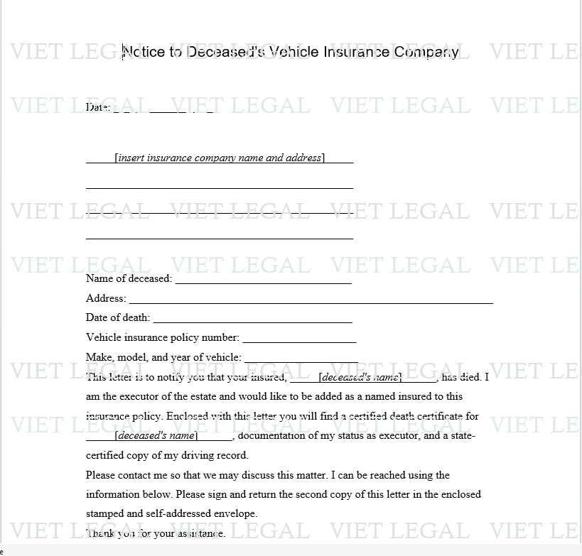 Notice to Deceased's Vehicle Insurance Company