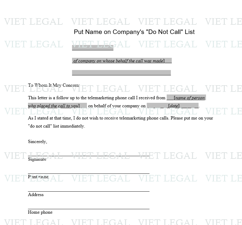 Notice to Put Name on Do Not Call List - Thông báo để đặt tên trên Danh sách không gọi