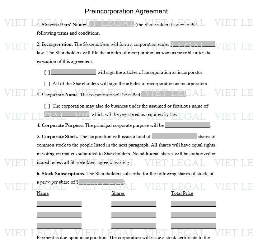 Pre-Incorporation Agreement - Thỏa thuận trước khi kết hợp