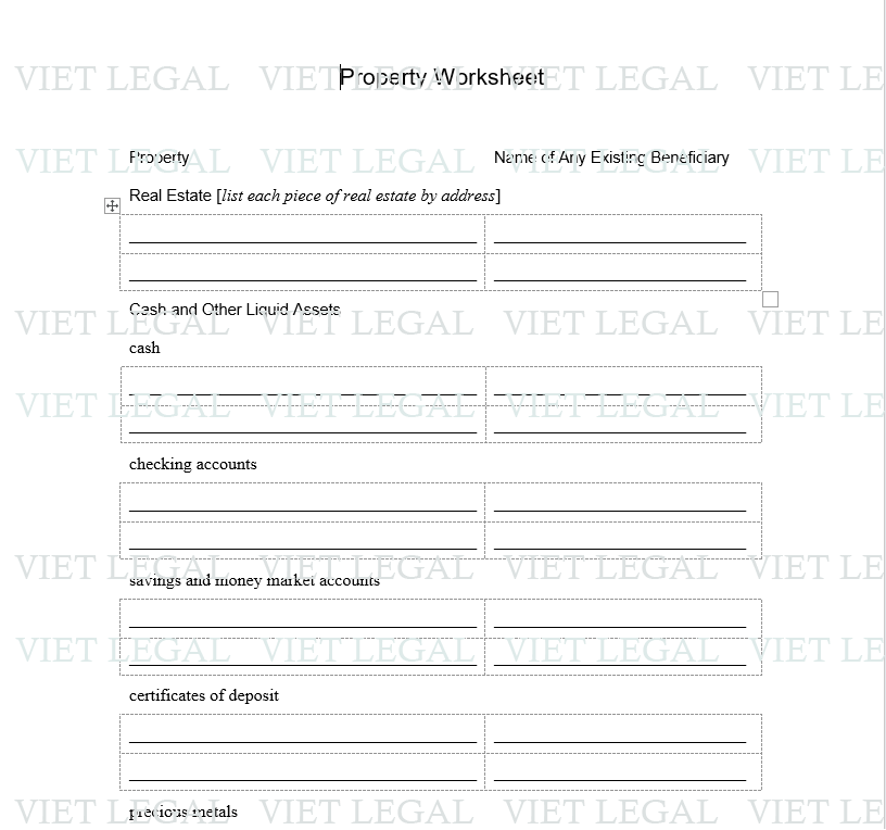 Property Worksheet - Bảng tính tài sản