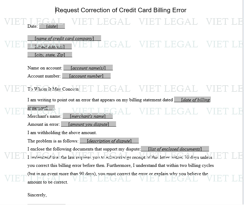 Request Correction of Credit Card Billing Error - Yêu cầu sửa lỗi thanh toán thẻ tín dụng