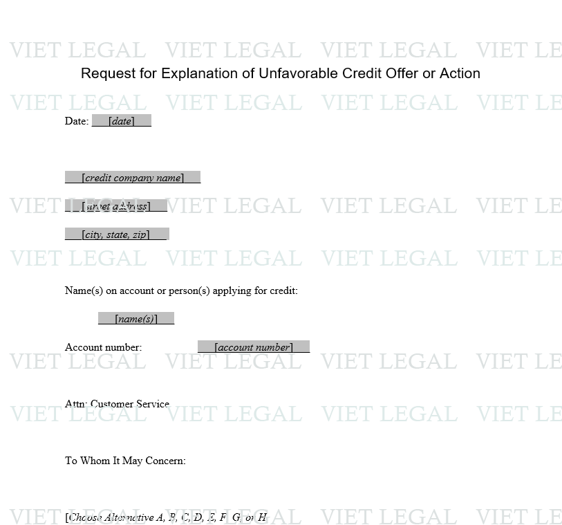 Request for Explanation of Unfavorable Credit Offer or Action
