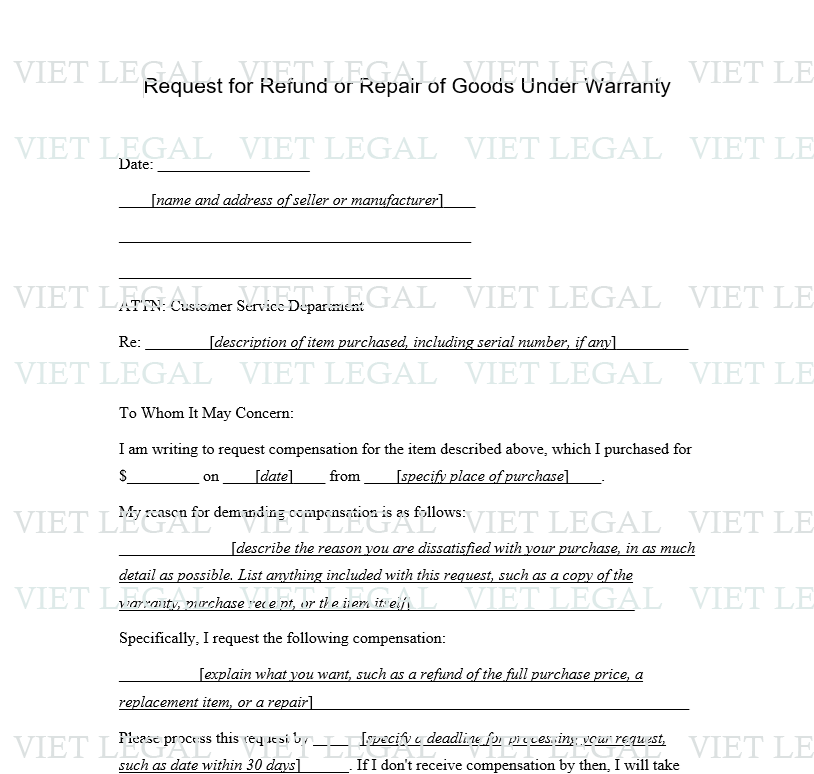 Request for Refund or Repair of Goods Under Warranty