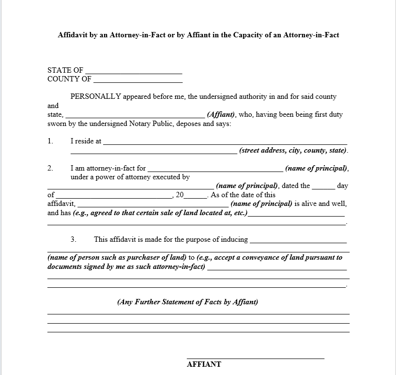 Affidavit by an Attorney-in-Fact or by Affiant in the Capacity of an Attorney-in-Fact