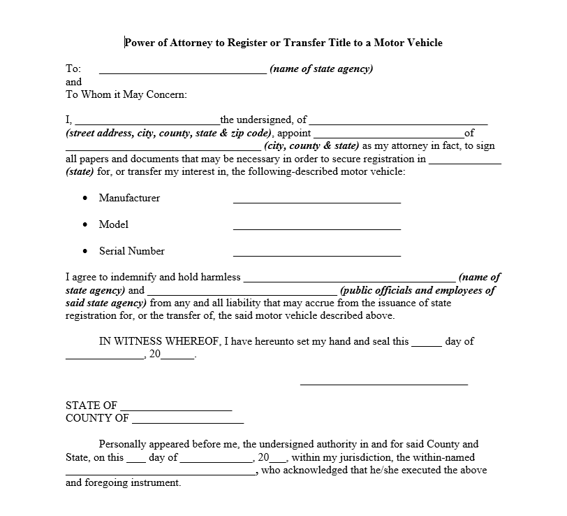 Power of Attorney to Register or Transfer Title to a Motor Vehicle