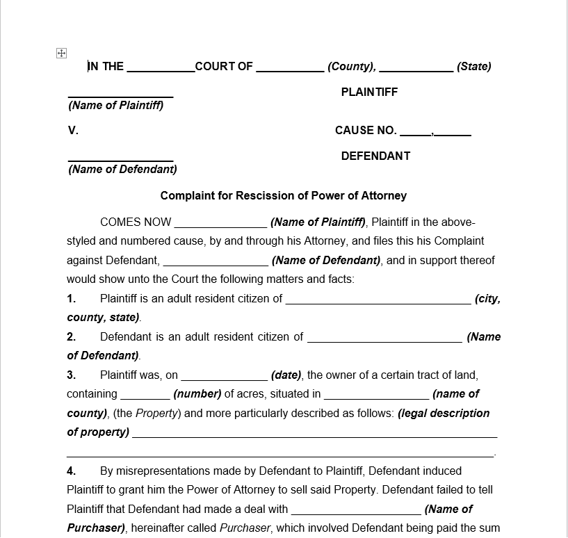Complaint for Rescission of Power of Attorney Obtained by Fraud