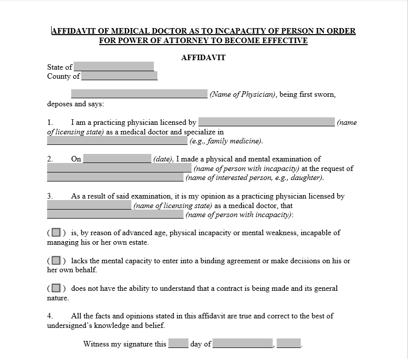 Affidavit of Medical Doctor as to Incapacity of Person In Order for POA to Become Effective