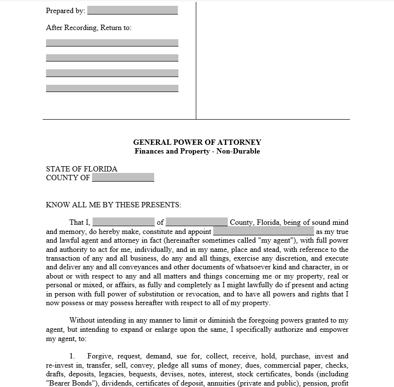 General Power of Attorney for Property and Finances - Nondurable