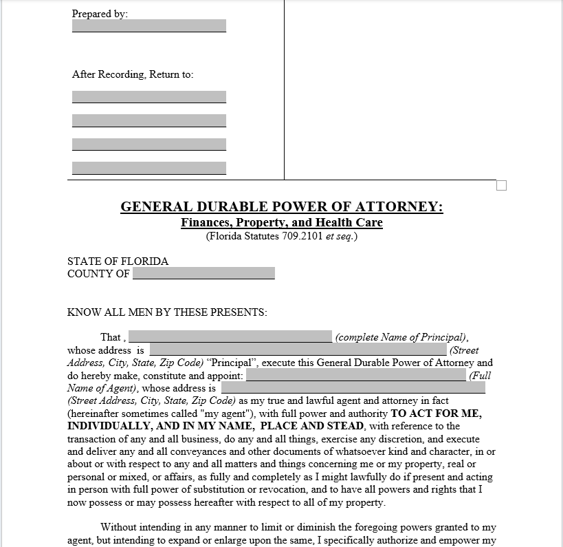 Florida Durable Power of Attorney for Property, Finances and Health Care