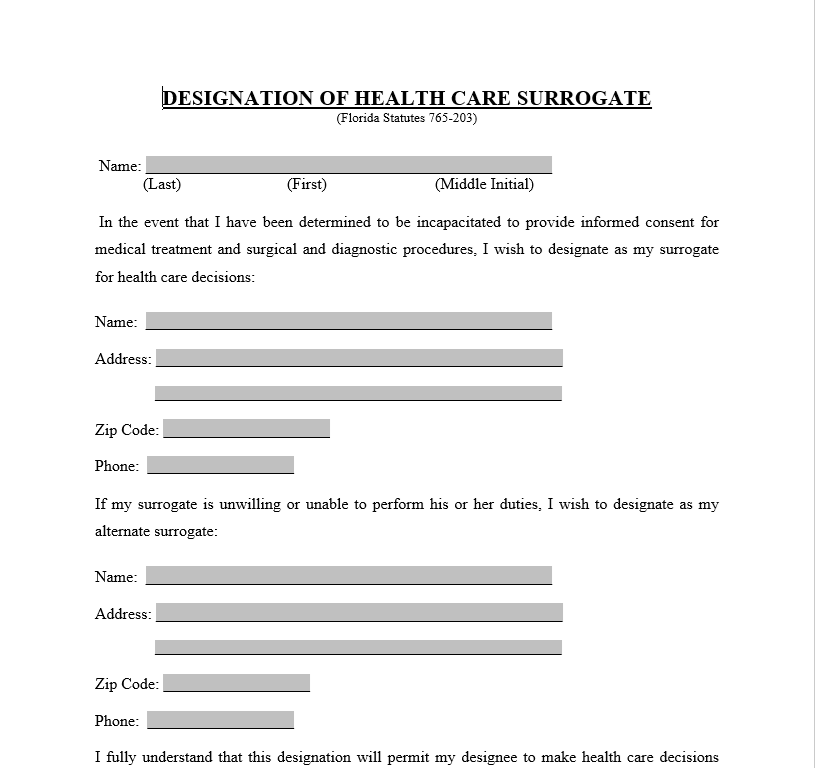 Florida Health Care Proxy - Designation of Health Care Surrogate - Statutory Form