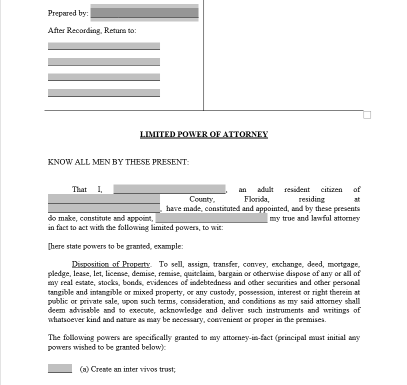 Limited Power Of Attorney Florida - uyền ủy quyền có giới hạn Florida