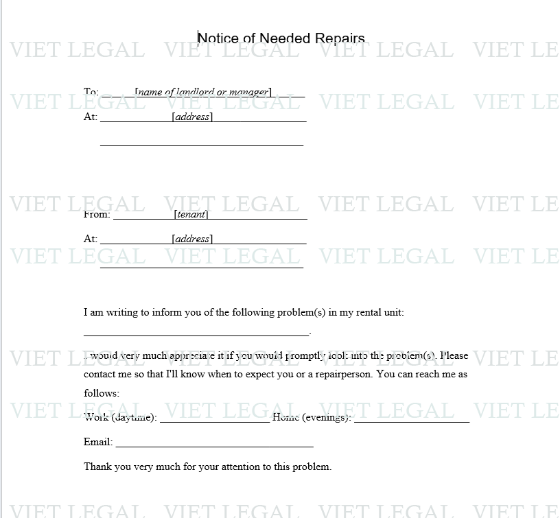 Tenant's Notice of Needed Repairs - Thông báo của người thuê nhà về việc cần sửa chữa