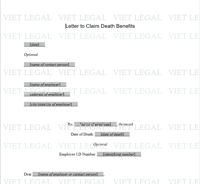 Letter to Claim Death Benefits - Thư yêu cầu lợi ích tử vong