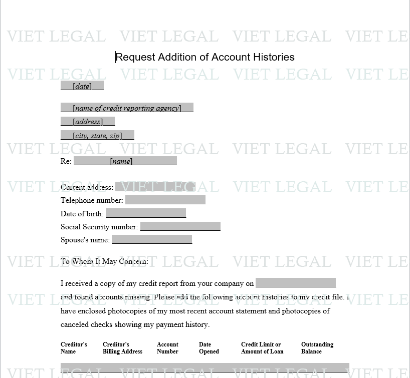 Letter to Request Addition Account Histories - Thư yêu cầu lịch sử các tài khoản bổ sung