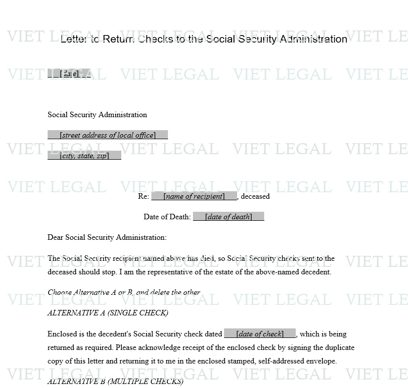 Letter to Return Check to SSA - Thư để trả lại séc cho Cơ quan An sinh Xã hội