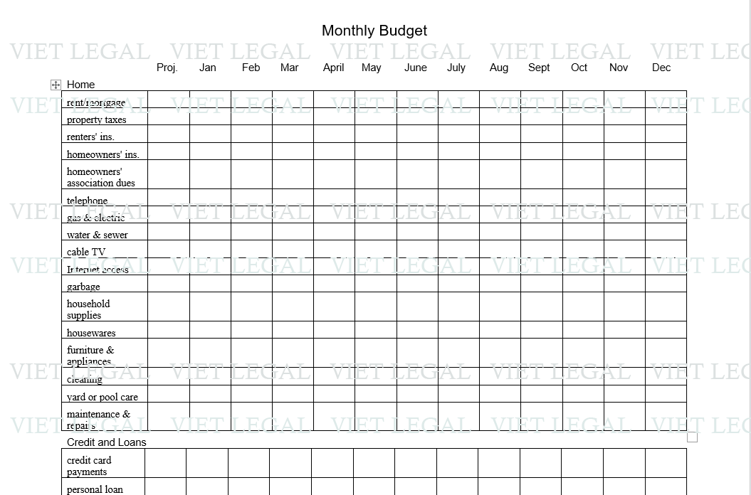 Monthly Budget - Ngân sách hàng tháng