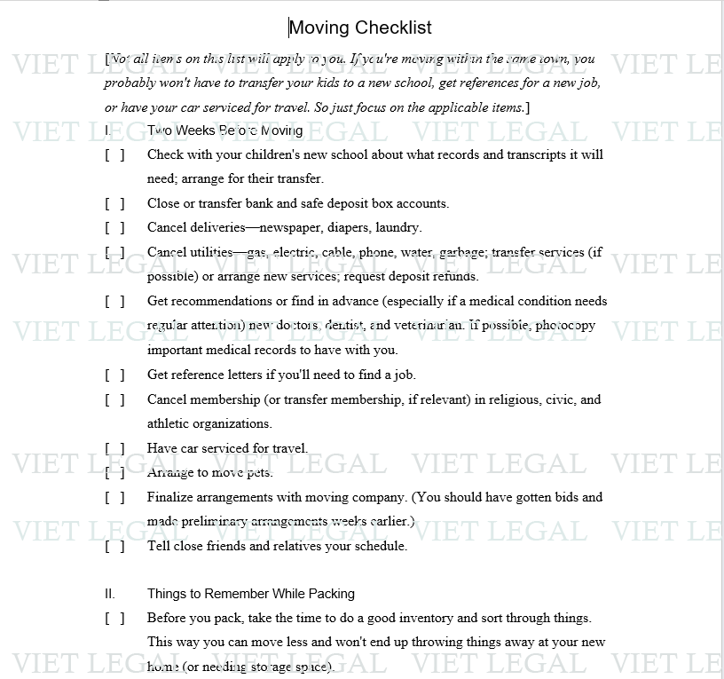 Moving checklist Task To Do - Danh sách kiểm tra khi di chuyển- Nhiệm vụ phải làm