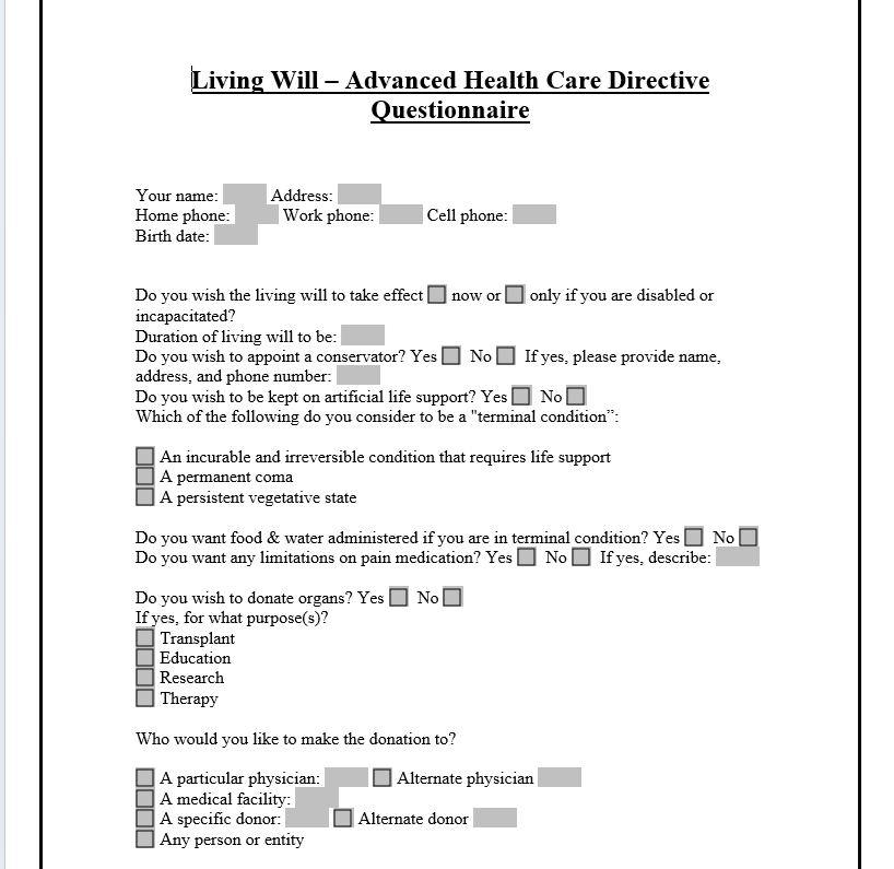 Living Will Questionnaire - Bản câu hỏi về di chúc khi còn sống