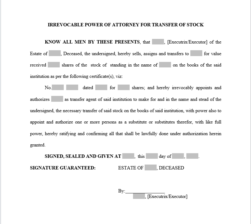 Irrevocable Power of Attorney for Transfer of Stock by Executor