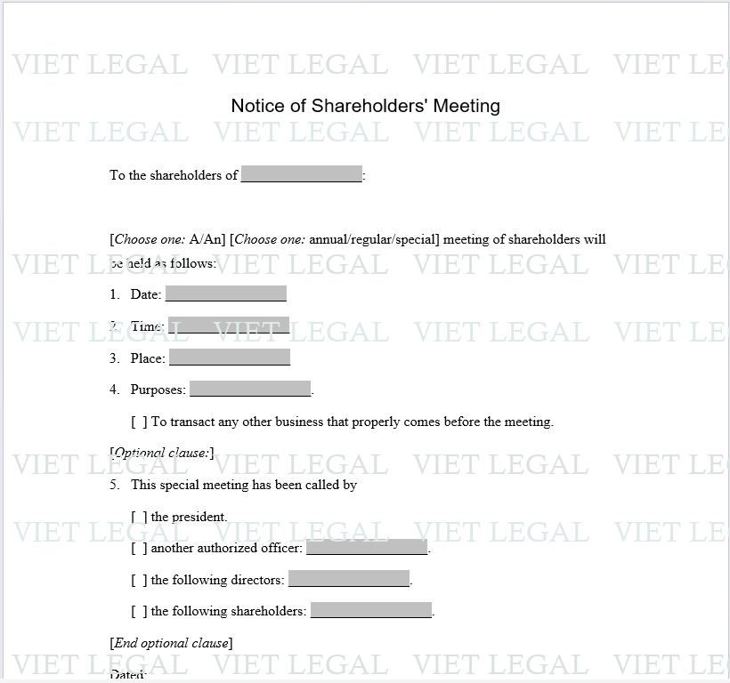 Notice of Shareholders' Meeting - Thông báo về cuộc họp của các cổ đông