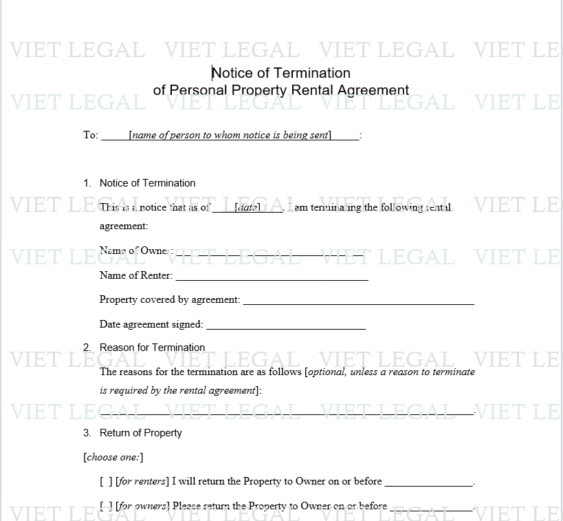 Notice of Termination of Personal Property Rental Agreement