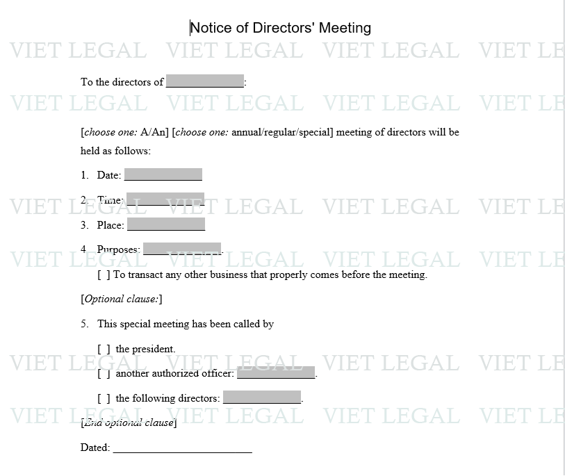 Notice of Directors' Meeting - Thông báo về cuộc họp của giám đốc