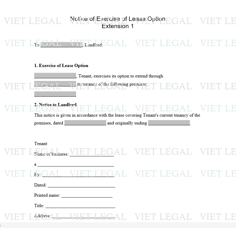 Notice of Exercise of Commercial Lease Option - Thông báo thực hiện tùy chọn cho thuê thương mại