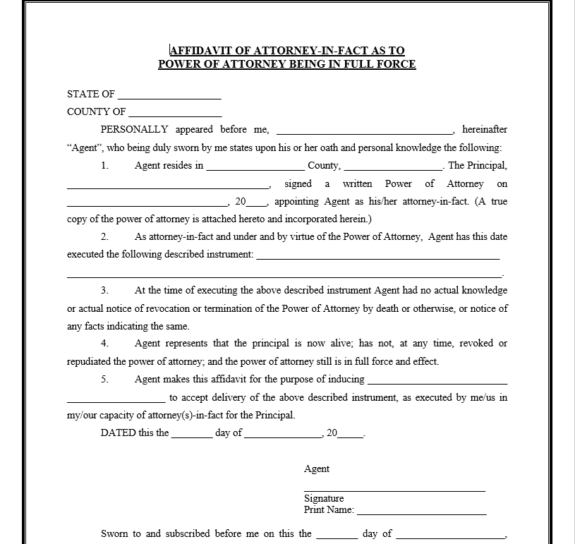 Affidavit of Attorney-in-Fact that Power of Attorney in Full Force
