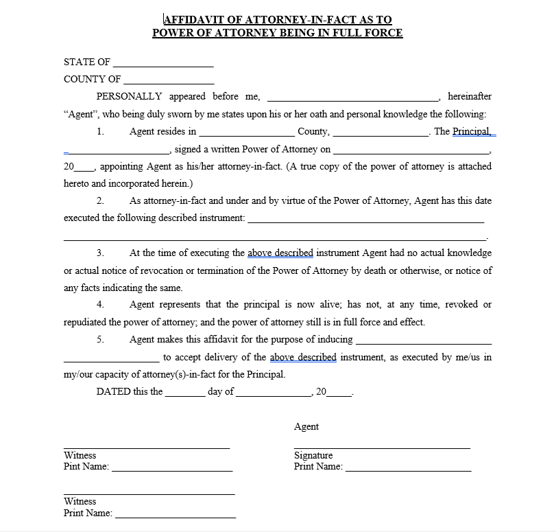 Affidavit of Attorney-in-Fact that Power of Attorney in Full Force with Witnesses