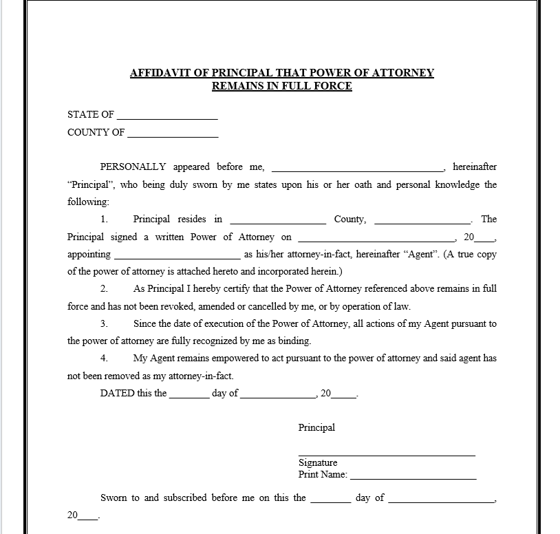 Affidavit of Principal that Power of Attorney not Revoked and in Full Force