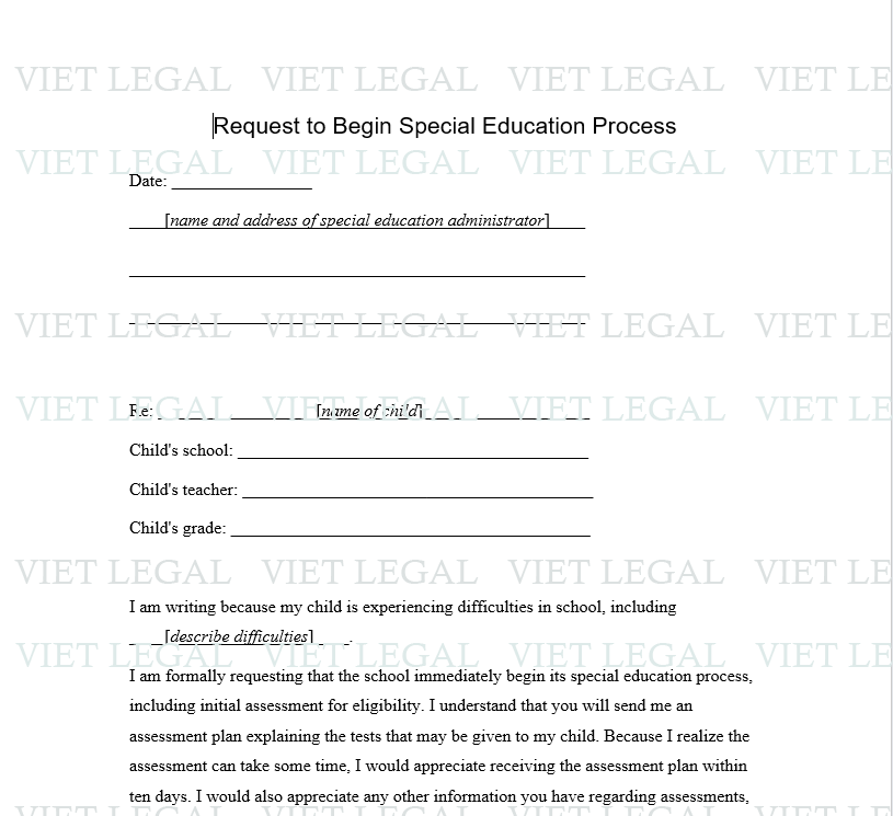 Request to Begin Special Education Process - Yêu cầu bắt đầu quá trình giáo dục đặc biệt