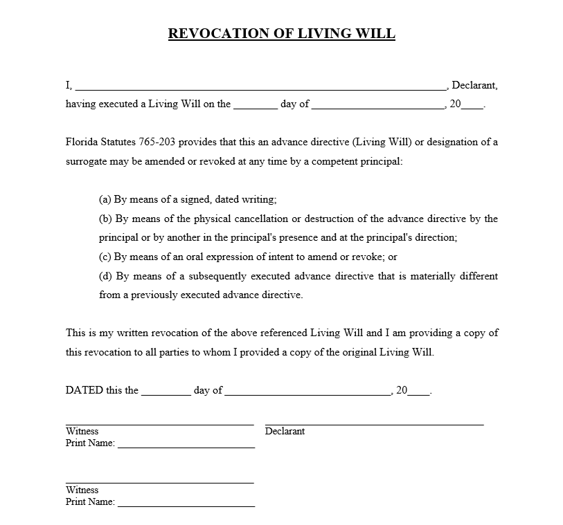 Revocation of Statutory Living Will - Hủy bỏ di chúc sống theo luật định