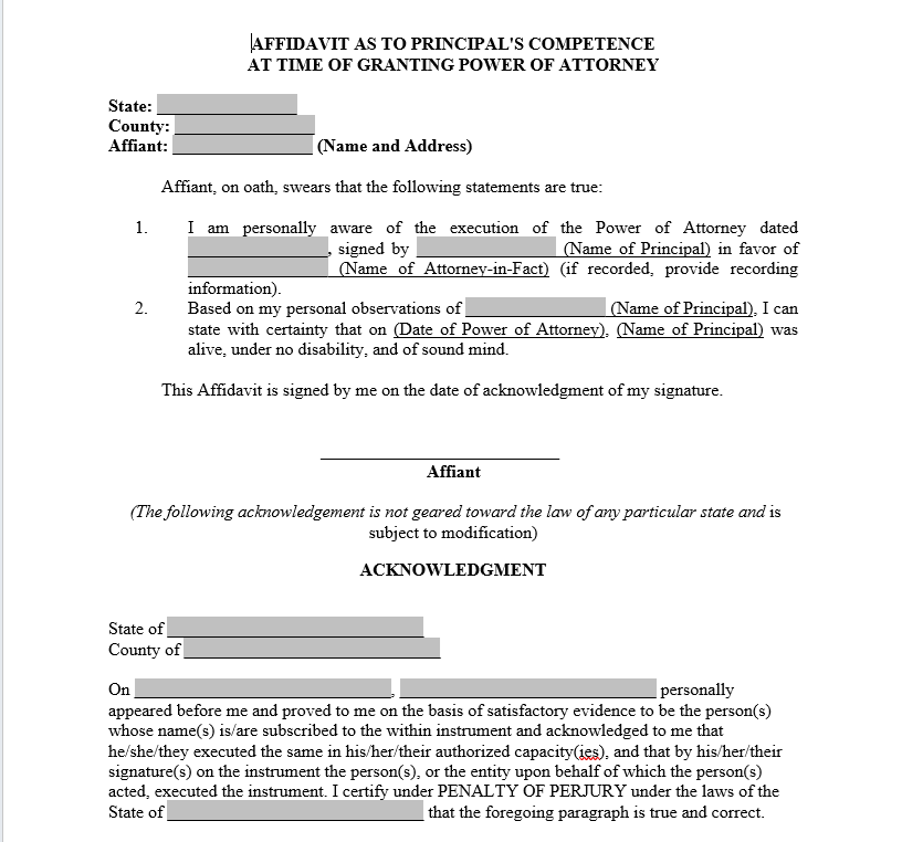 Affidavit As to Principal's Competence At Time of Granting Power of Attorney